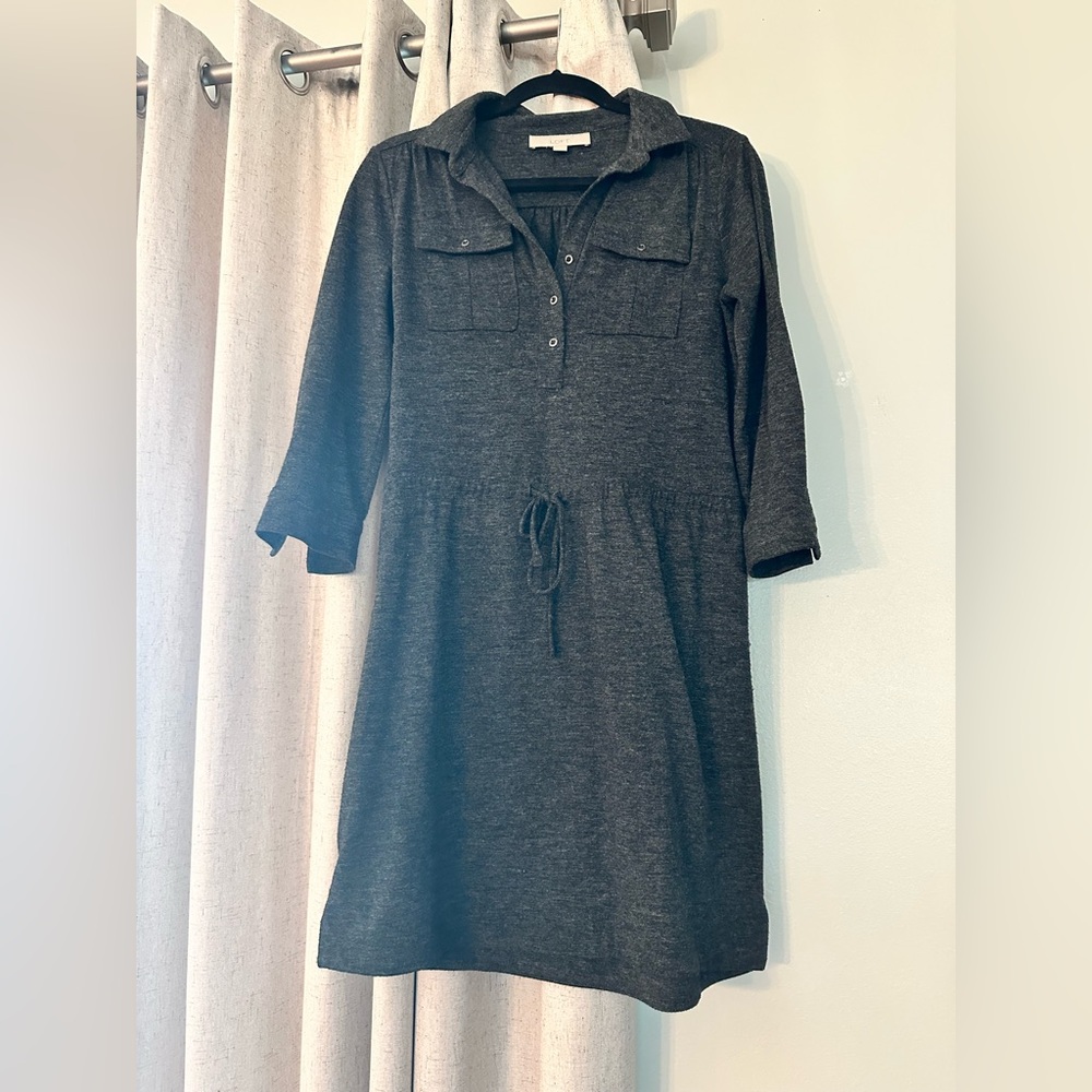 🤍 LOFT Charcoal Gray Shirt Dress XXS Drawstring Waist Knit Casual